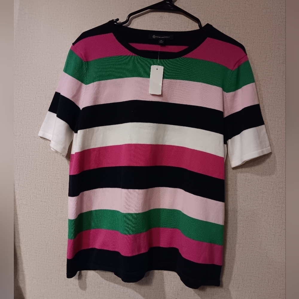Brooks Brothers Pink Green Black Striped Tee Sz XL Womne